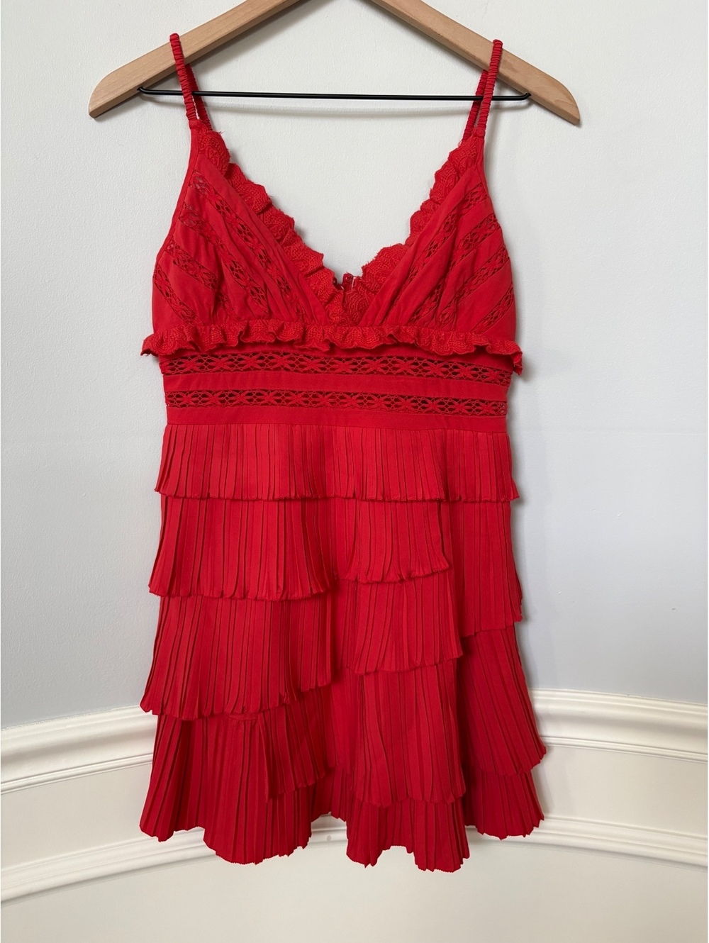 Sea New York Antonina Red Crochet Lace Tiered Pleated Ruffle Mini Dress 4